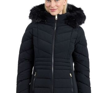 London Fog Black Puffer Jacket with Faux Fur Trim
